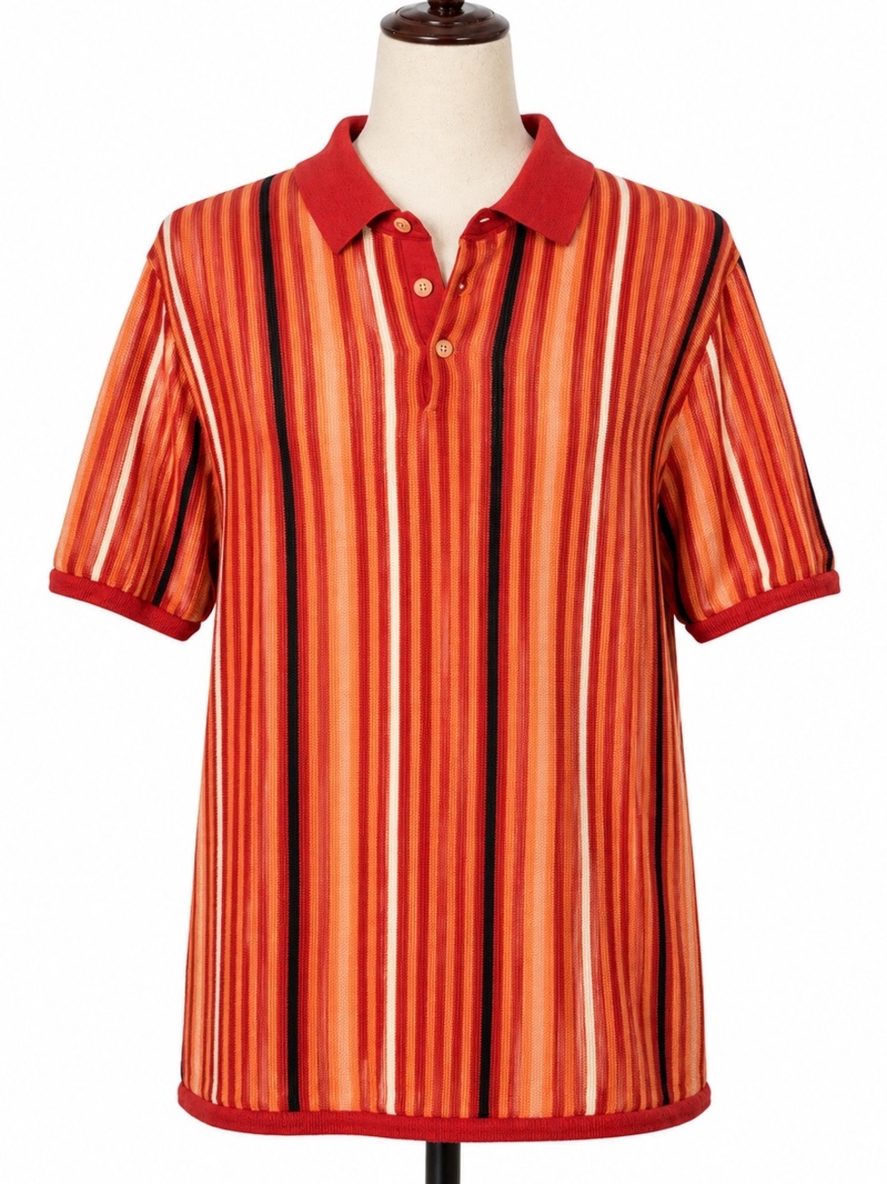 Vintage Perry Ellis Men's orange / red knit Striped Polo Baja camp Shirt.  M-L